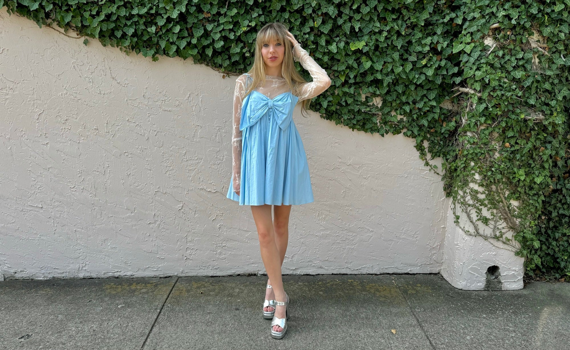 blue heaven dress Locked In Heaven Blue Long Sleeve Embroidered Mesh Mini Dress