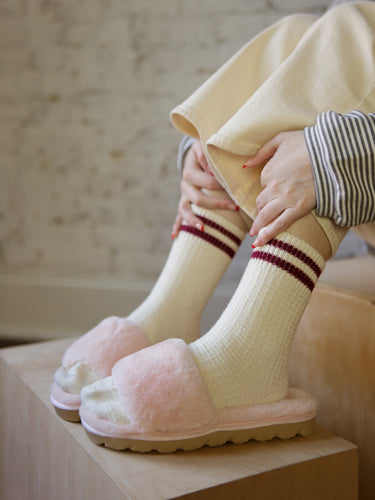 Step By Step Slippers, open-toe slip-on slides with faux fur upper and sturdy treaded sole.