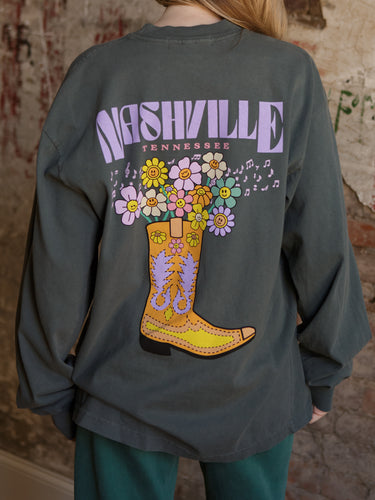 Nashville Bootiful Long Sleeve tee with crew neck, long sleeves, relaxed fit, 100% cotton, and graphic print.