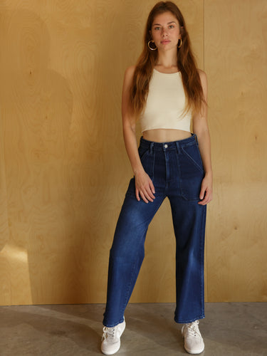 Out Tonight Denim, high rise wide-leg denim with button and zip closure, patch pockets, cropped fit, and breathable stretch fabric.