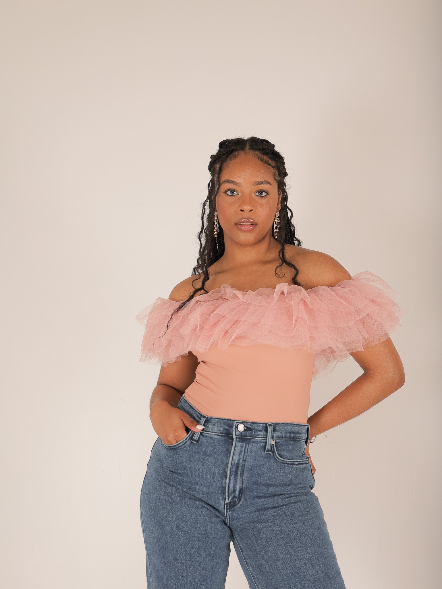 Off the sales shoulder ruffle bodysuit