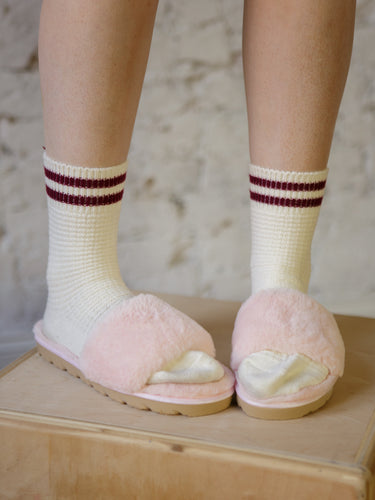 Step By Step Slippers, open-toe slip-on slides with faux fur upper and sturdy treaded sole.