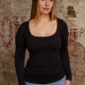 Ribbed, fitted long-sleeve top with a square neckline in stretchy nylon-spandex fabric.