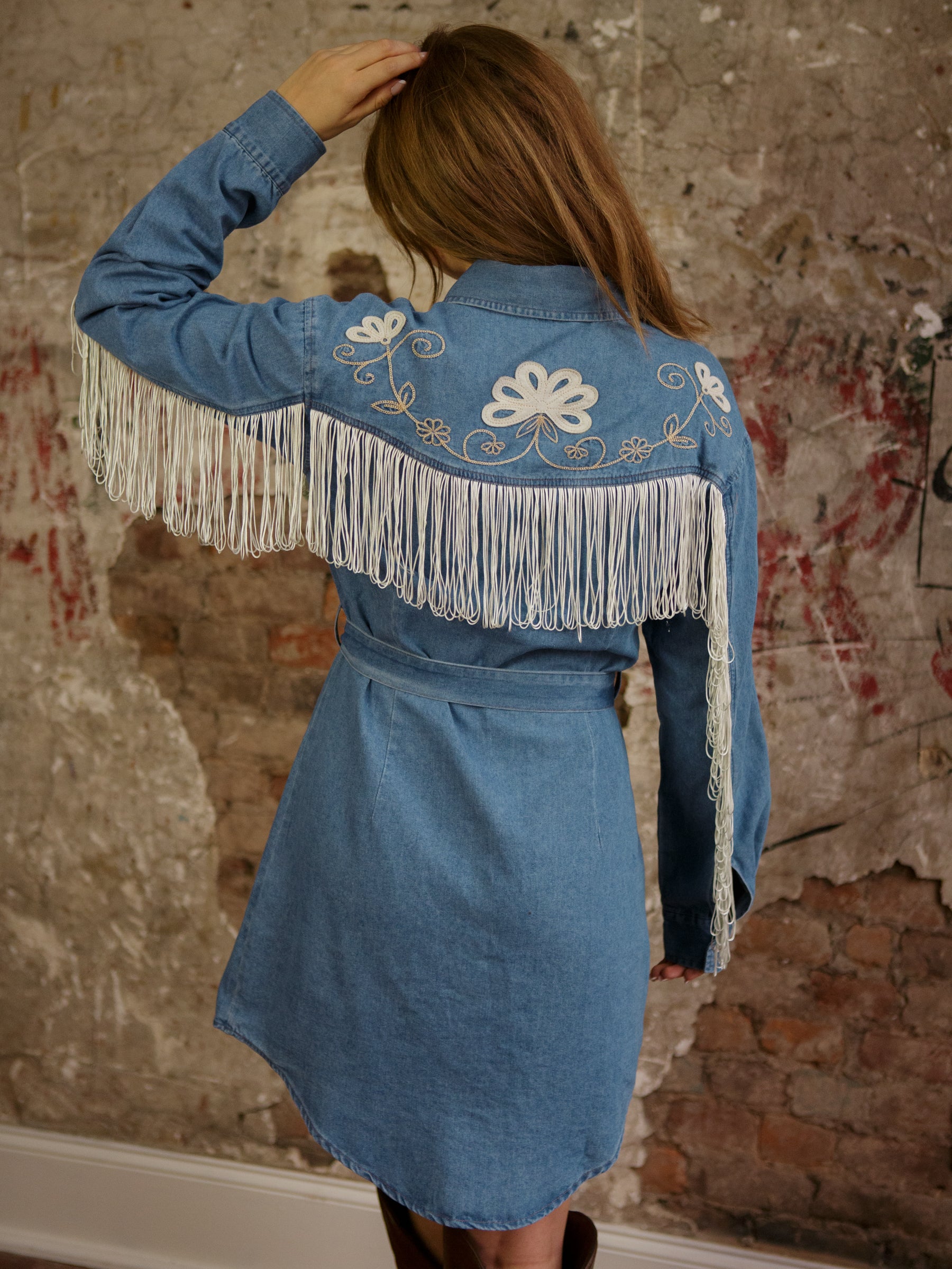 Lyra Fringe Denim Dress - Molly Green Large / Denim Lyra Fringe Denim Dress - Molly Green Large / Denim